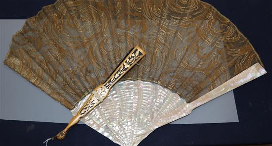 A black and gold spangled cloth fan, circa 1900-1910 and an Art Nouveau spun silk fan,